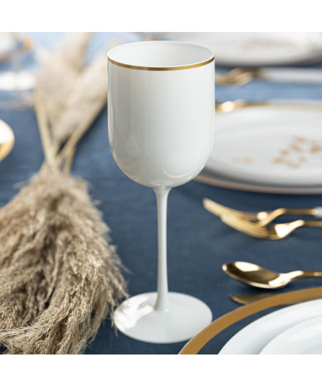 Ly rượu vang nhựa Posh Setting tròn trắng 355 ml viền vàng - Thùng 60 cái
