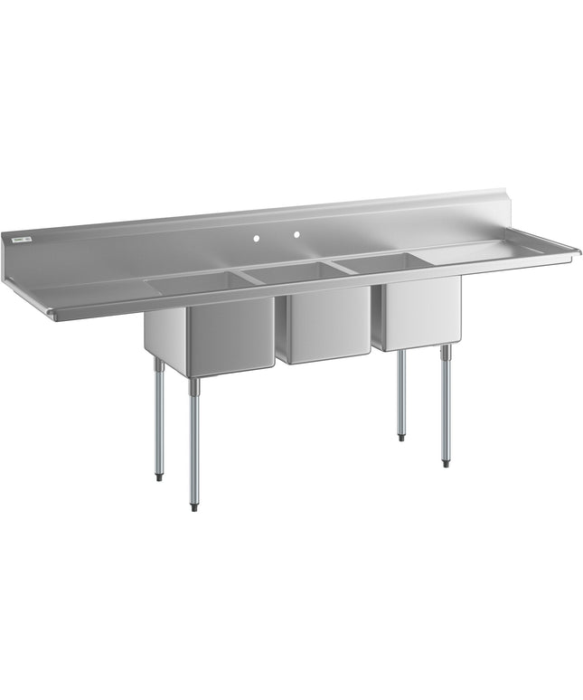 Bồn rửa công nghiệp ba ngăn Regency 254 cm chân thép mạ kẽm hai bàn ráo 61 cm