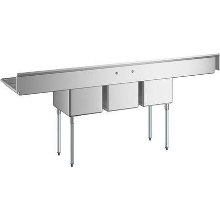 Bồn rửa công nghiệp ba ngăn Regency 254 cm chân thép mạ kẽm hai bàn ráo 61 cm