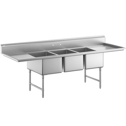 Bồn rửa thương mại 3 ngăn Regency 284 cm chân thép không gỉ, giằng chéo và hai mặt ráo 61 cm