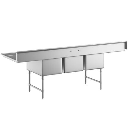 Bồn rửa thương mại 3 ngăn Regency 284 cm chân thép không gỉ, giằng chéo và hai mặt ráo 61 cm