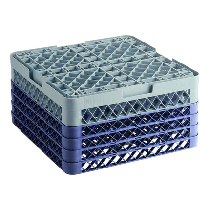 Giá đựng ly 25 ngăn màu xám Noble Warewashing Warewashing cỡ đầy đủ cao 23,5 cm kèm 4 ngăn nối màu xanh dương