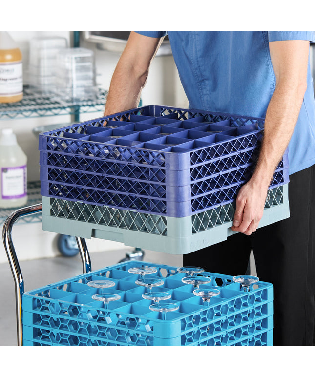 Giá đựng ly 25 ngăn màu xám Noble Warewashing Warewashing cỡ đầy đủ cao 23,5 cm kèm 4 ngăn nối màu xanh dương