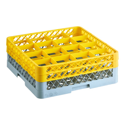 Giá đựng ly 16 ngăn màu xám Noble Warewashing Warewashing cỡ đầy đủ cao 15,2 cm kèm 2 ngăn nối màu vàng