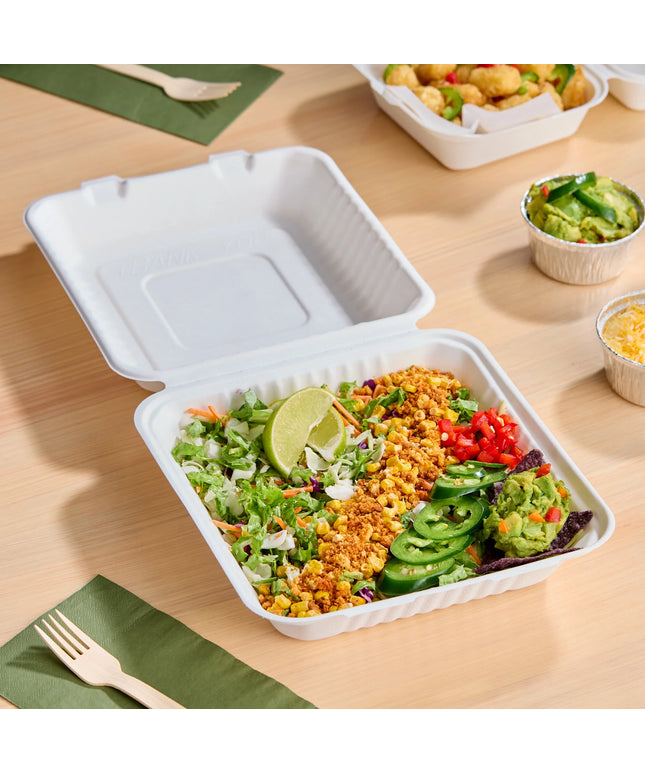 Hộp mang đi 1 ngăn sợi thực vật phân hủy được EcoChoice 22,9 x 22,9 x 7,6 cm trắng - Thùng 200 cái