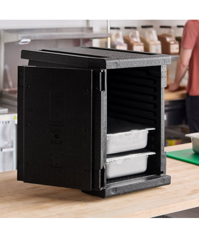 Thùng giữ nhiệt EPP nạp trước Cambro Cam GoBox đen - chứa tối đa 6 khay full-size