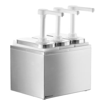 Bình phân phối gia vị ServSense thép không gỉ 3 ngăn 0,9 lít, 3 vòi bơm nhựa định lượng 30 ml