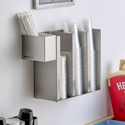 Trụ đựng ly / nắp ly cao 3 ngăn điều chỉnh gắn tường / để bàn bằng thép không gỉ kèm ngăn ống hút ServSense
