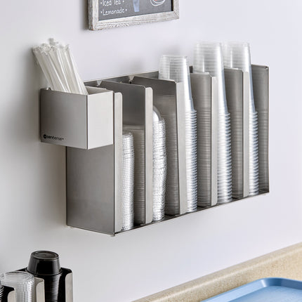 Trụ đựng ly / nắp ly cao 5 ngăn điều chỉnh gắn tường / để bàn bằng thép không gỉ kèm ngăn ống hút ServSense