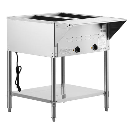 Bàn hâm nóng thức ăn Avantco STE-2S hai khay khoang hở điện bàn hâm nóng với kệ dưới - 120V, 1000W