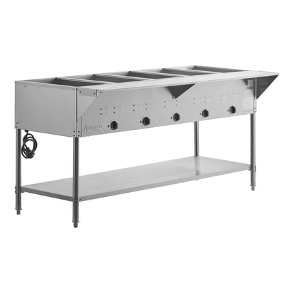 Bàn hâm nóng thức ăn Avantco STE-5S năm khay khoang hở điện bàn hâm nóng với kệ dưới - 208/240V, 3750W