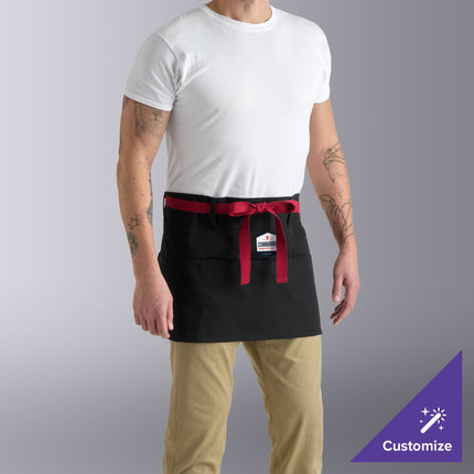 Tạp dề nửa thân vải poly-cotton có thể tùy chỉnh Uncommon Chef 3103 Beltway đen, dây viền đỏ và 3 túi