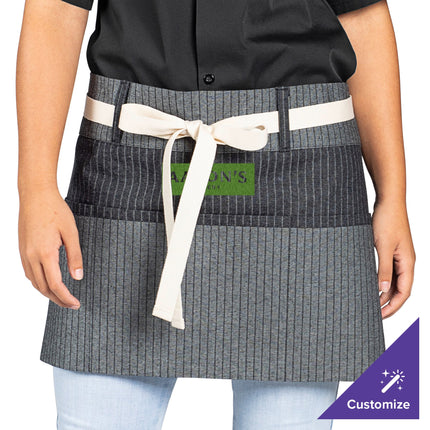 Tạp dề nửa thân vải denim 100% cotton có thể tùy chỉnh Uncommon Chef 3103 Beltway sọc nhỏ, dây viền tự nhiên và 3 túi