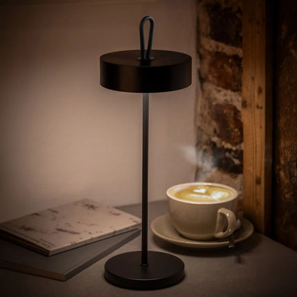 (4 pcs) LED Table Lamp - GGM Gastro CLEO MINI - Rechargeable - Cordless - 3-step dimmable - Ø120mm - Black - with Charging Dock