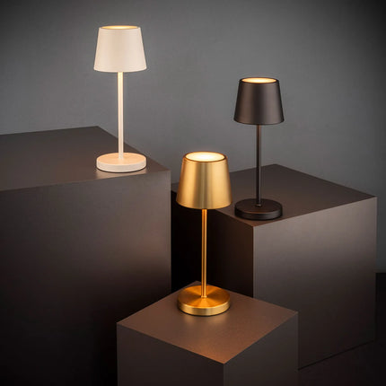 (4 pcs) LED Table Lamp - GGM Gastro MERLE MINI - Rechargeable - Cordless - 3-step dimmable - Ø110mm - Gold - with Charging Dock