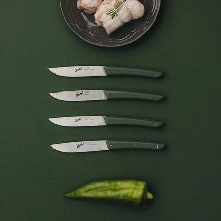(4 pieces) BERKEL | Steak Knife Set – 110 mm Blade - AISI 420C Stainless - Olive Green Handles