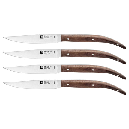 (4 pieces) ZWILLING | Steak Knife Set – Serrated Edge - Brown Oak Wood Handle - Stainless Steel