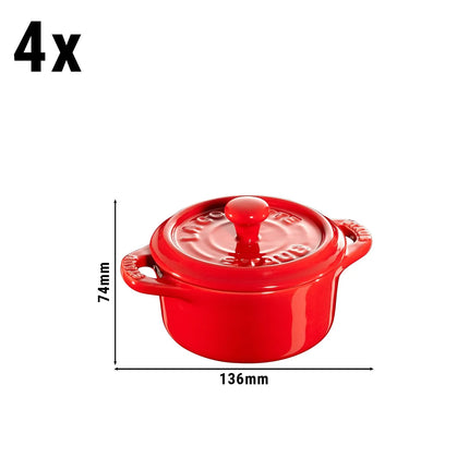 (4) STAUB| Ceramic Mini Cocotte Set, Round – Cherry Red - Ø 100 mm - 0.20 L Each