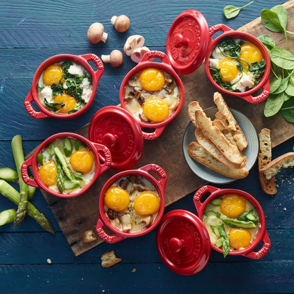 (4) STAUB| Ceramic Mini Cocotte Set, Round – Cherry Red - Ø 100 mm - 0.20 L Each