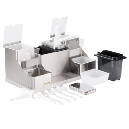 Hệ thống gia vị 2 vòi bơm San Jamar P9724 kèm giá đựng gia vị inox 4 ngăn 2 tầng