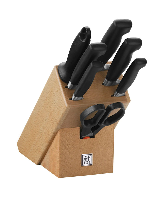 (5-piece) ZWILLING | Four Star Knife Block Set – Beech block; 10 cm, 13 cm, 16 cm, 20 cm knives - forged one-piece, seamless handles - FRIODUR ice-hardened