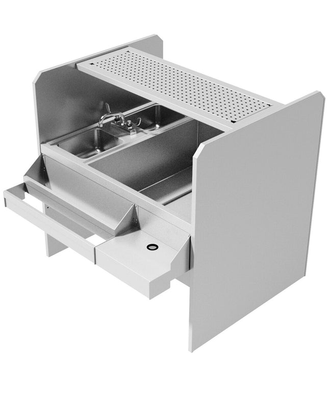 Quầy pha chế xuyên suốt có kệ để ráo đục lỗ Advance Tabco PR-44X30SP-10-R Prestige Series, thùng đá bên phải