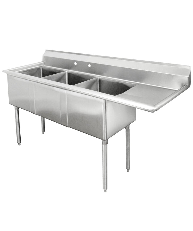 Bồn rửa ba ngăn thương mại có bàn ráo phải 46 cm Advance Tabco FE-3-1812-18-X rộng 189 cm