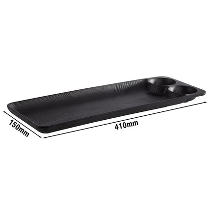 (6 pcs) Serving Tray - GGM Gastro NERO - Melamine - 410x150mm - Height: 25mm - Black - 2 integrated dip bowls