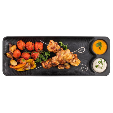 (6 pcs) Serving Tray - GGM Gastro NERO - Melamine - 410x150mm - Height: 25mm - Black - 2 integrated dip bowls