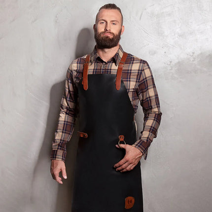 (6 pieces) KARLOWSKY | Professional Leather Bib Apron X‑Style Cross‑Back – Black - 600×820 mm