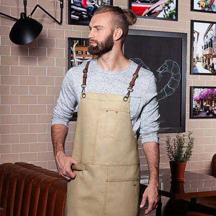 (6 pieces) KARLOWSKY | Urban Cross-Back Bib Apron – beige - leather straps - 68×80 cm