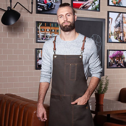 (6 pieces) KARLOWSKY | Urban Cross-Back Bib Apron – chocolate - leather straps - 68×80 cm