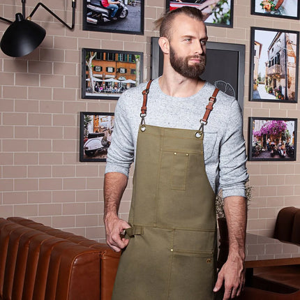 (6 pieces) KARLOWSKY | Urban Cross-Back Bib Apron – khaki - leather straps - 68×80 cm