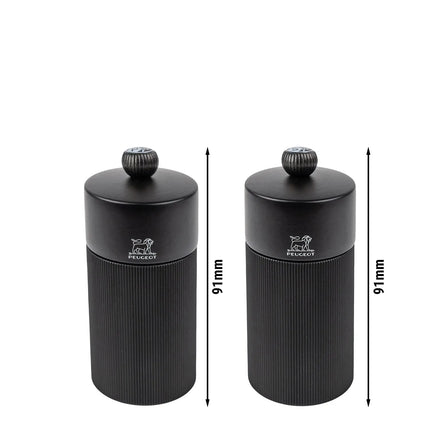 (6 pieces) PEUGEOT | NIGHT CHIC LINE - Salt & Pepper Mill - Height: 120mm - Matte Black - incl. stainless steel funnel
