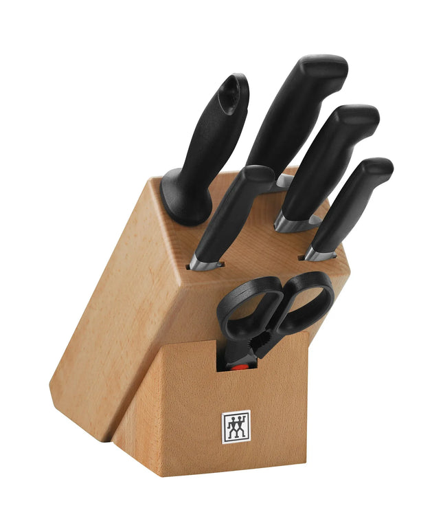 (7-piece) ZWILLING | Four Star Knife Block Set – Natural beech; 10 cm paring, 13 cm utility, 20 cm chef’s, 20 cm bread, shears & honing steel - FRIODUR ice-hardened