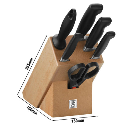 (7-piece) ZWILLING | Four Star Knife Block Set – Natural beech; 10 cm paring, 13 cm utility, 20 cm chef’s, 20 cm bread, shears & honing steel - FRIODUR ice-hardened