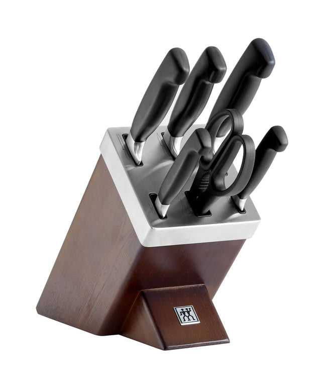 (7-piece) ZWILLING | Four Star SharpBlock Knife Set – Brown beech block with KIS self-sharpening; 10 cm paring, 13 cm utility, 20 cm carving, 20 cm chef’s, 20 cm bread, shears - FRIODUR ice-hardened