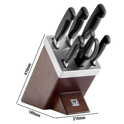 (7-piece) ZWILLING | Four Star SharpBlock Knife Set – Brown beech block with KIS self-sharpening; 10 cm paring, 13 cm utility, 20 cm carving, 20 cm chef’s, 20 cm bread, shears - FRIODUR ice-hardened