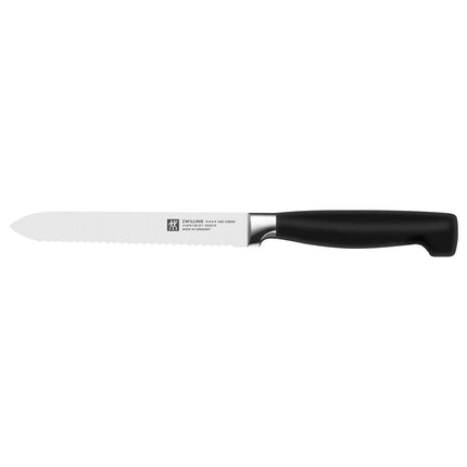 (7-piece) ZWILLING | Four Star SharpBlock Knife Set – Brown beech block with KIS self-sharpening; 10 cm paring, 13 cm utility, 20 cm carving, 20 cm chef’s, 20 cm bread, shears - FRIODUR ice-hardened