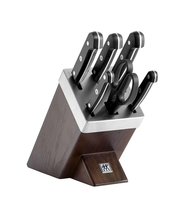 (7 pieces) ZWILLING | GOURMET SharpBlock Knife Block Set – Self‑Sharpening KIS - Brown Block - Chef 20 cm - Bread 20 cm - Carving 20 cm - Utility 13 cm - Paring 10 cm - Scissors