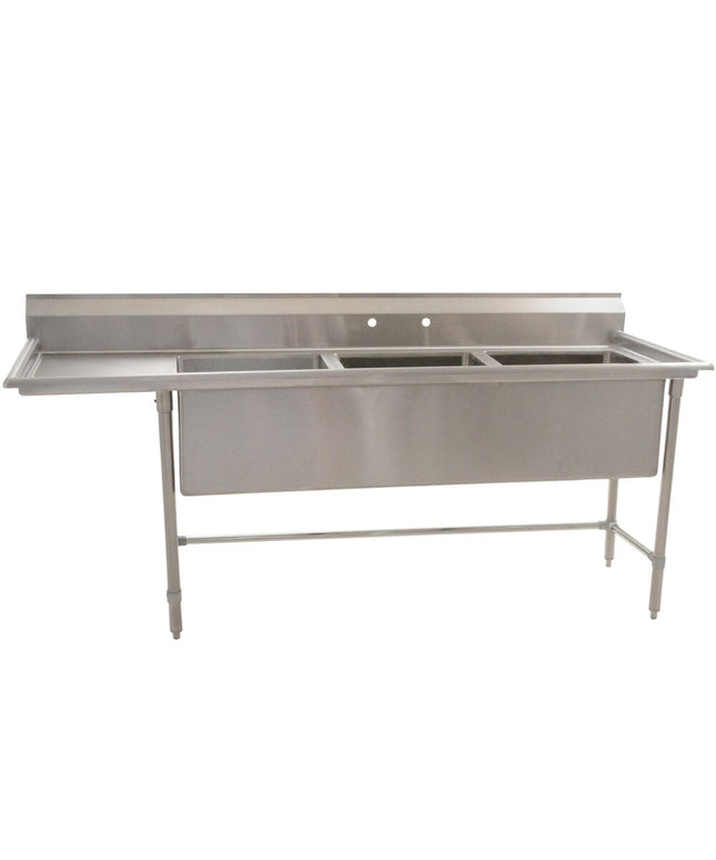 Bồn rửa công nghiệp ba ngăn gia công thép không gỉ Eagle Group S14-20-3-18-SL 227 cm kèm mặt ráo trái 46 cm
