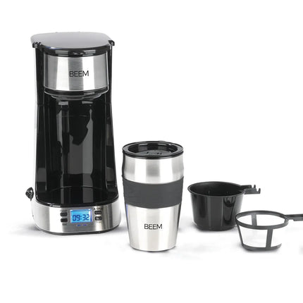 BEEM | Single Coffee Maker – Stainless Steel - 400 ml Travel Mug - 24-hour Timer - Permanent Filter