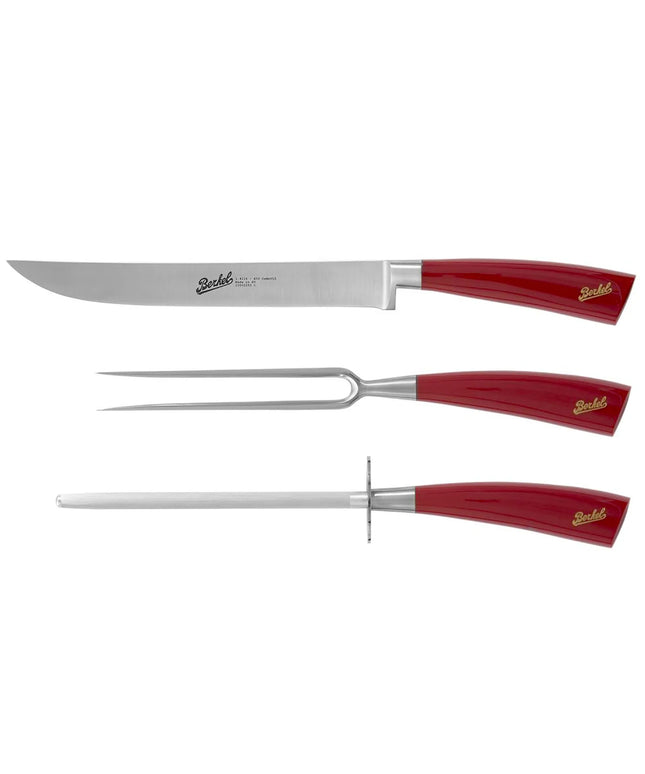 BERKEL | Elegance Roast Carving Set – 3-Piece: Knife, Fork, Sharpening Steel - Red
