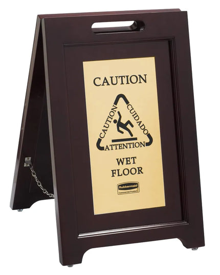 Biển Báo Cảnh Báo Cao Cấp Rubbermaid 1867507 Đa Ngôn Ngữ 2 Mặt Gỗ/Vàng Gold