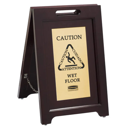 Biển Báo Cảnh Báo Cao Cấp Rubbermaid 1867507 Đa Ngôn Ngữ 2 Mặt Gỗ/Vàng Gold