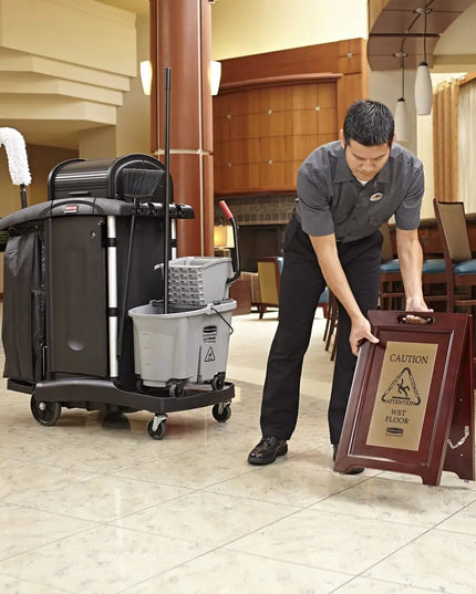 Biển Báo Cảnh Báo Cao Cấp Rubbermaid 1867507 Đa Ngôn Ngữ 2 Mặt Gỗ/Vàng Gold