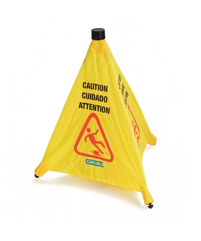 Biển Báo Sàn Hình Nón Bật Lên Carlisle 9383278.2 cmCaution" 45.7x50.8 cm Đa Ngôn Ngữ Vải Nylon Màu Vàng