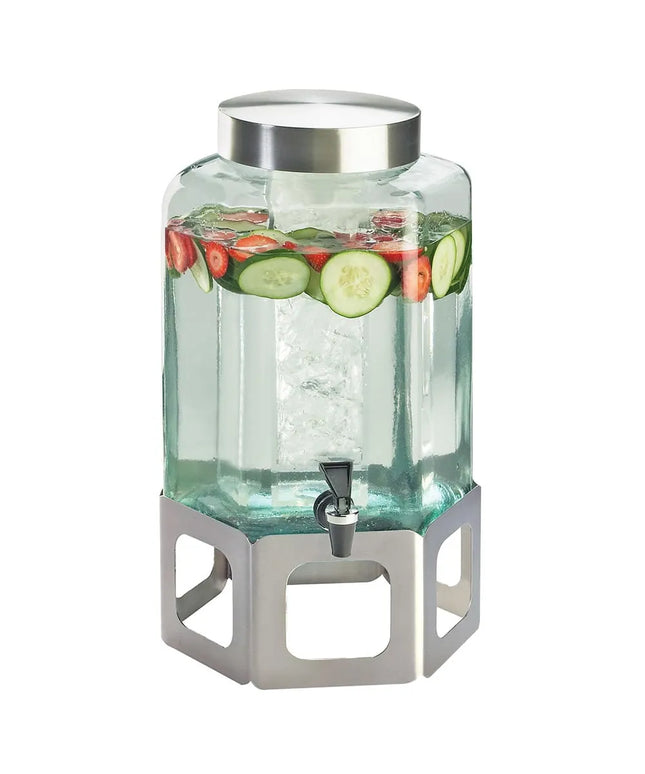 Bình Đựng Nước Thủy Tinh Cal-Mil 1111-55 Lục Giác 7.6 lít Ngăn Đá - Đế Inox Bạc