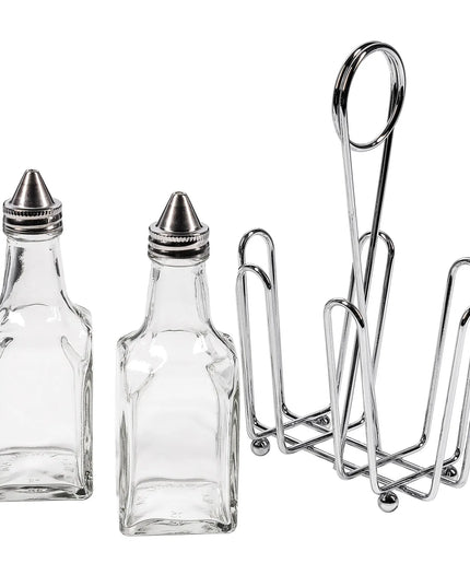 Bộ Bình Đựng Dầu Giấm Tablecraft 600ST 177 ml Kệ Chrome Nắp Inox - Thủy Tinh, Trong Suốt