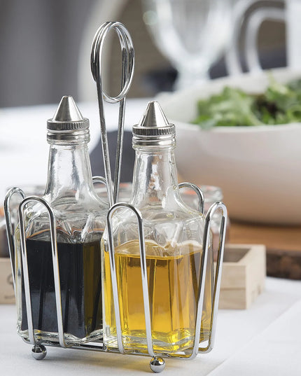 Bộ Bình Đựng Dầu Giấm Tablecraft 600ST 177 ml Kệ Chrome Nắp Inox - Thủy Tinh, Trong Suốt
